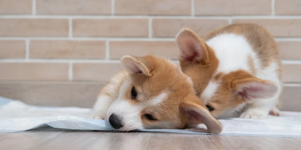 A picture of two Corgi puppies playing on a puppy toilet pad