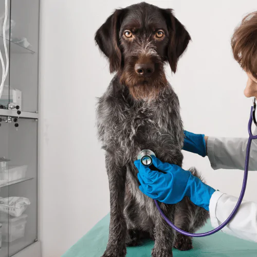 A picture of a Germain Pointer sat on a vet table having their heart listened to with a stethoscope