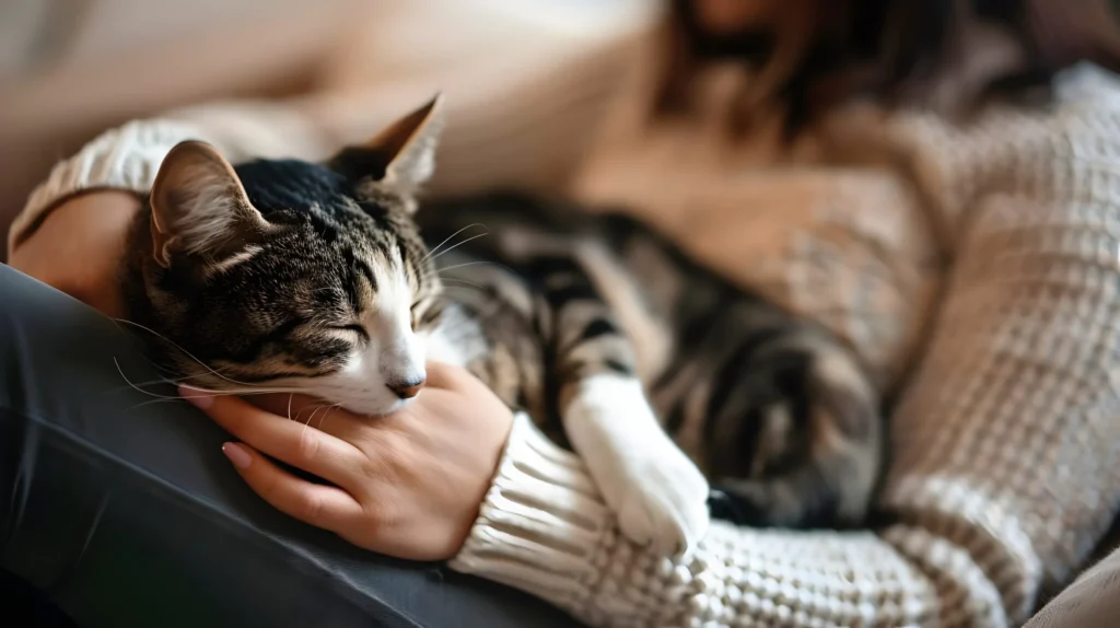 Cat Sleeping as a Loaf In Owner's Arms