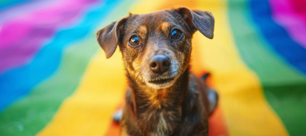 A cute dog sitting on a Pride flag