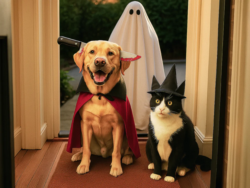 Golden lab and black and white cat, each in Halloween costumes, in a doorway with a ghost