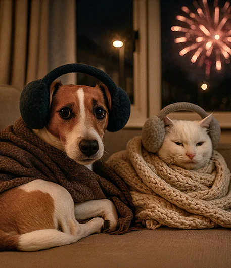 A dog and a cat sitting on a couch, both wrapped in cozy blankets and wearing earmuffs, with fireworks visible through the window behind them.