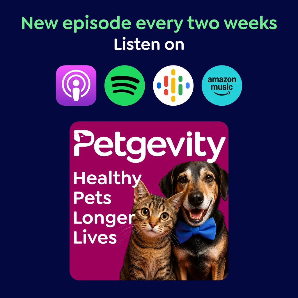 Petgevity The Podcast - image of the Petgevity logo, cat and dog and common podcast links