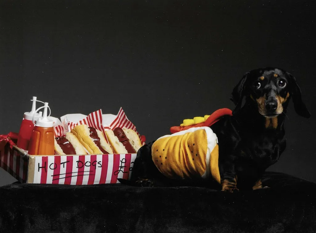 Rosie the Dachshund in a hot dog costume