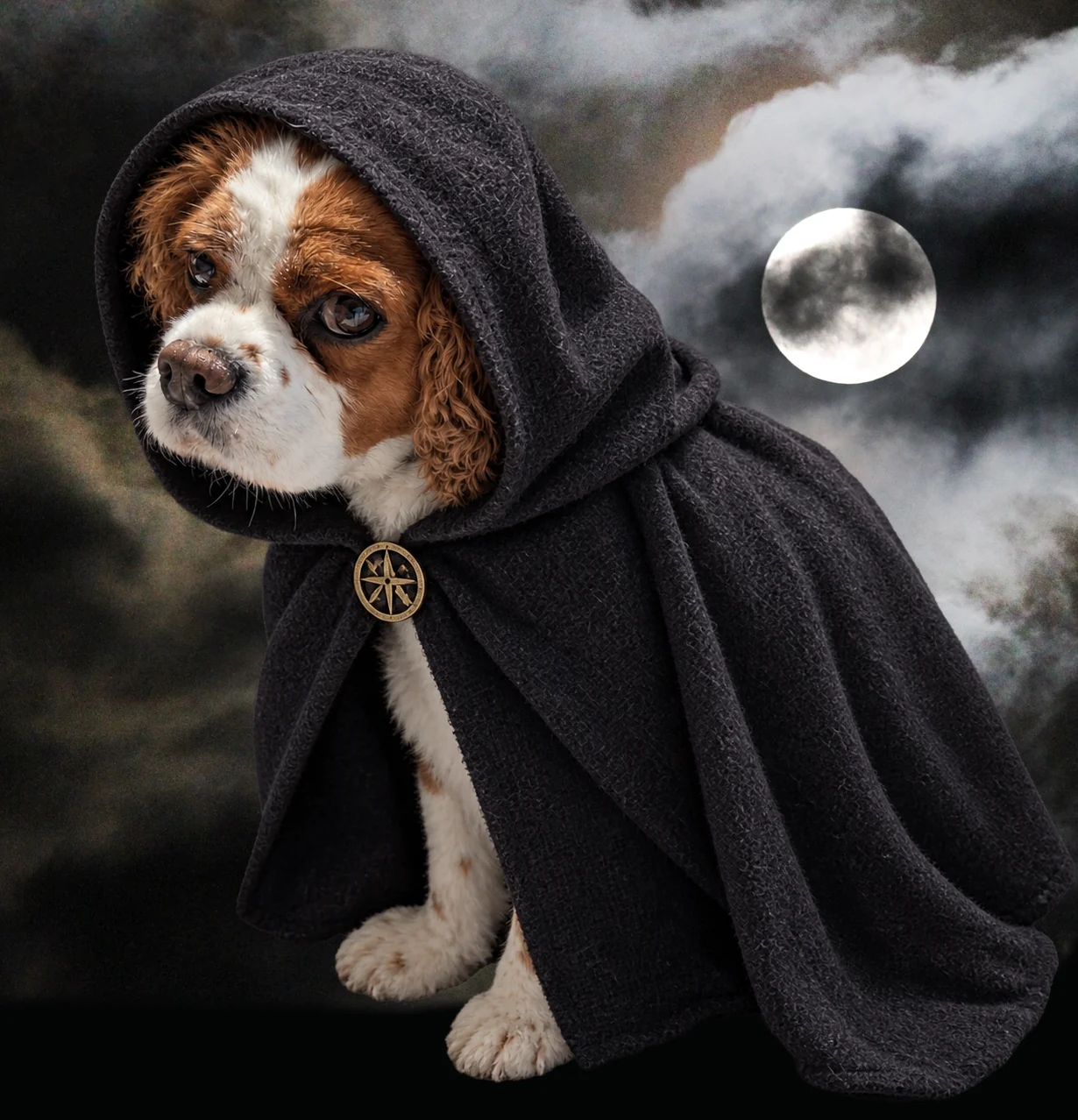 Cavalier King Charles Spaniel wearing a dark cloak by eerie moonlight